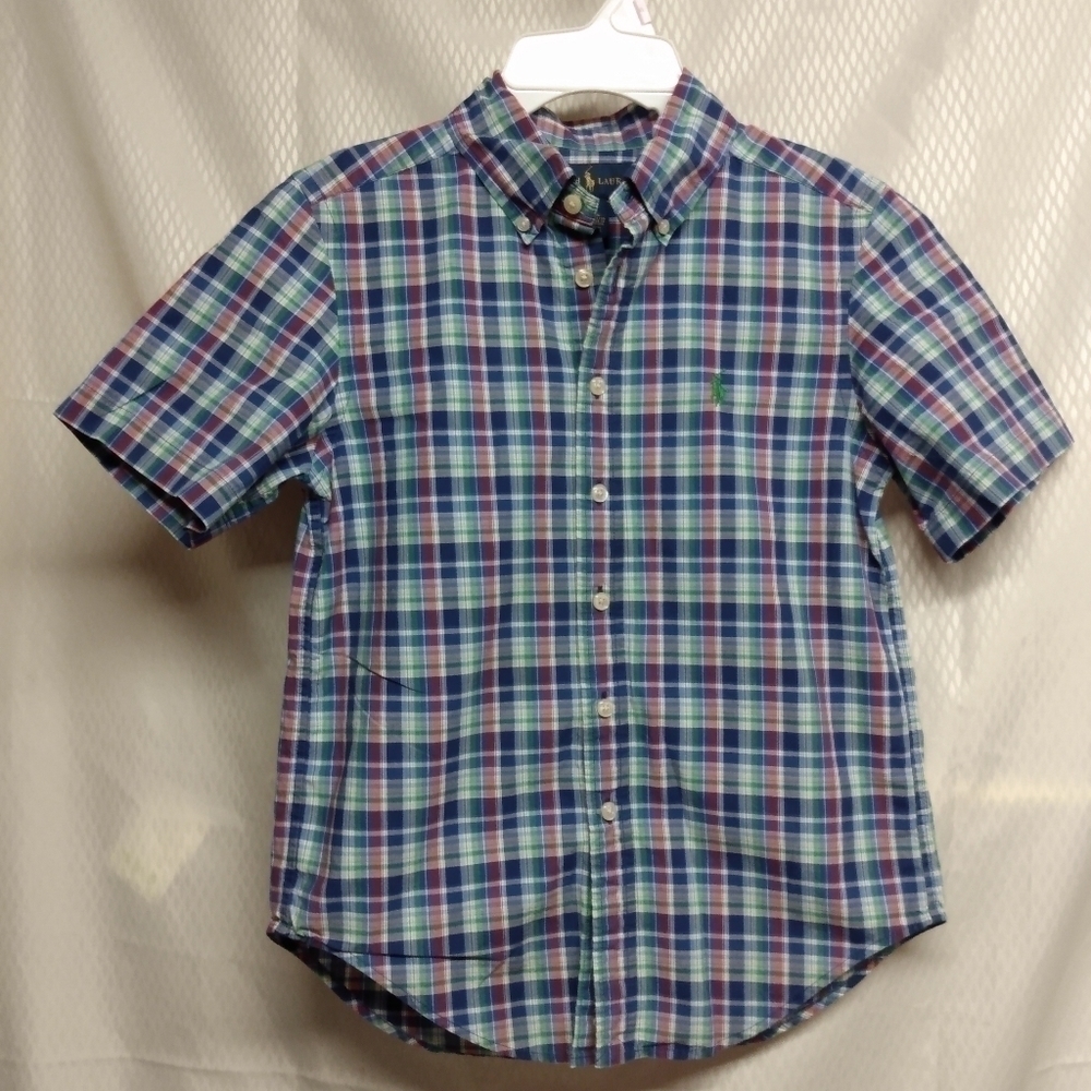 Ralph Lauren Boy Short Sleeve Shirt, sz S (8), Navy Green Red plaid, pre-owned
